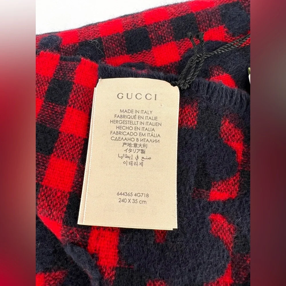 Gucci 644365 Red Blue Wool Jacquard Check GG Diamcheck Logo UNISEX Fringe Scarf - Picture 4 of 12